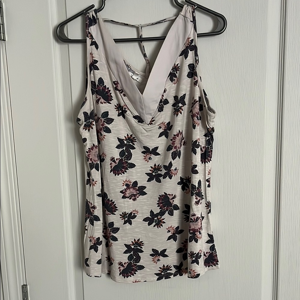 EUC- Maurices- top with T strap on back, dark purple floral design, fits large